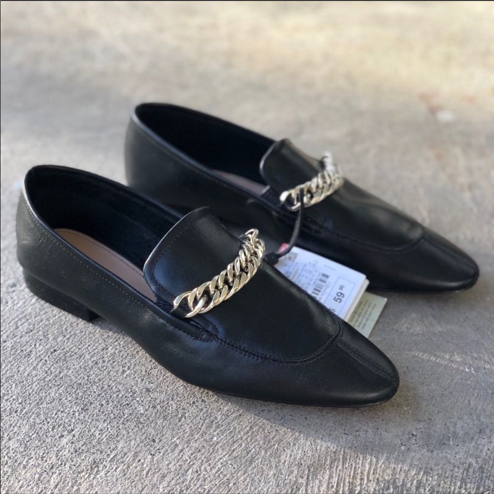 ZARA Leather Silver Chain Loafer Flats 6.5